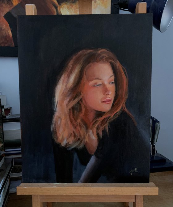 Impressionist portrait young woman realism oil painting.