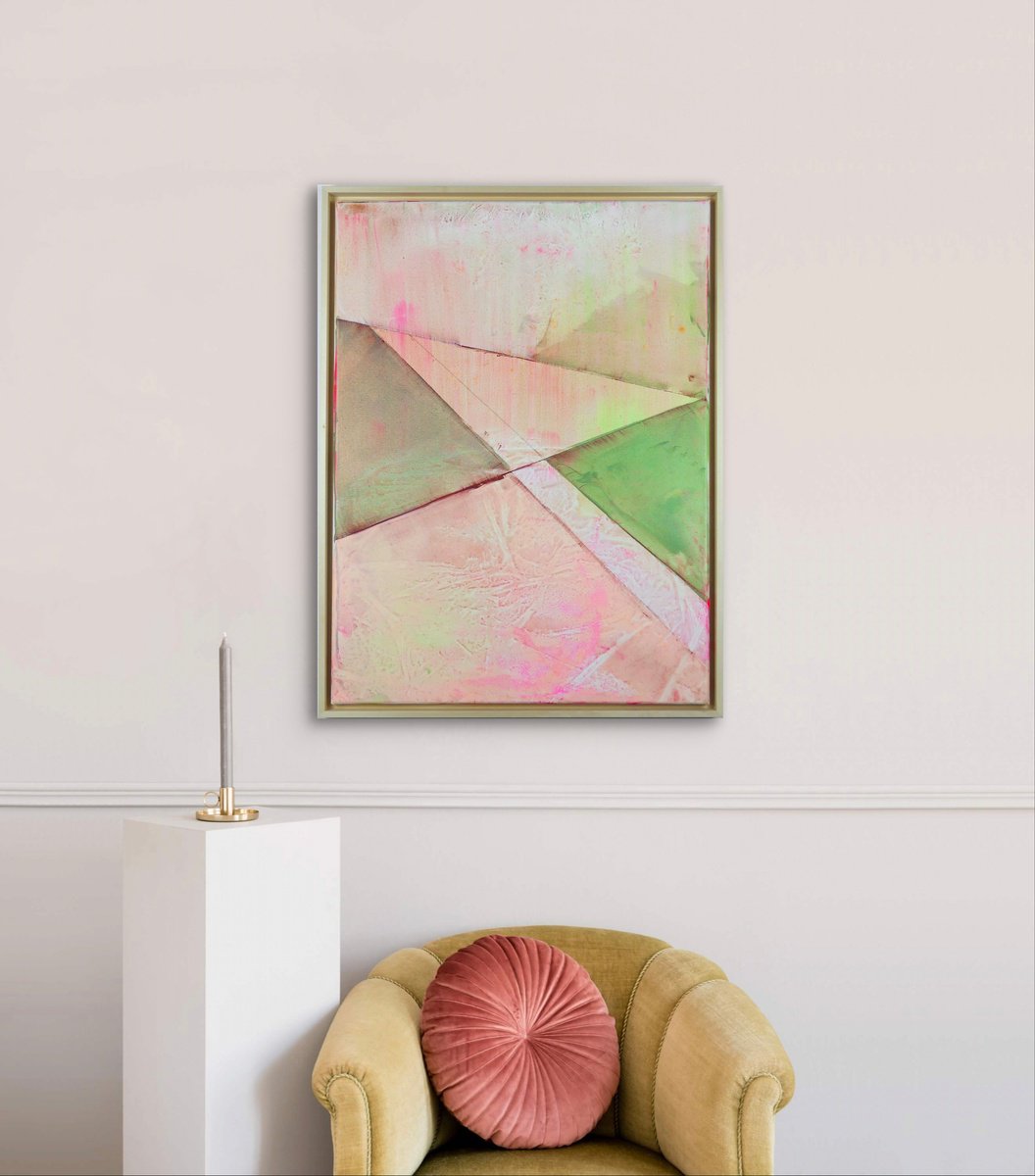 Geometric Abstract Acrylic Painting By Katrin Roth, 25 X 33", Crossing Orange Field 2, Original Artwork