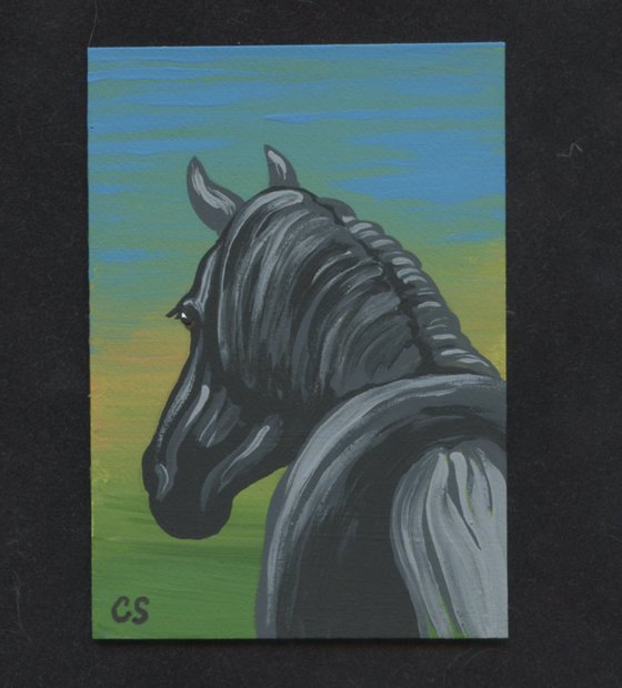 ACEO ATC Original Miniature Painting Black Pony Horse Farmyard Art-Carla Smale