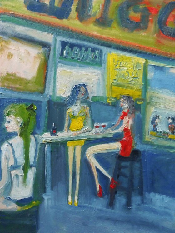 GIRLS CAFE MADEIRA OLD TOWN. Original Oil Figurative Painting.