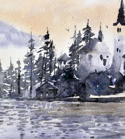 Bled Lake Slovenia #41 17x36cm 2022 smal watercolour by Nenad Kojić watercolorist