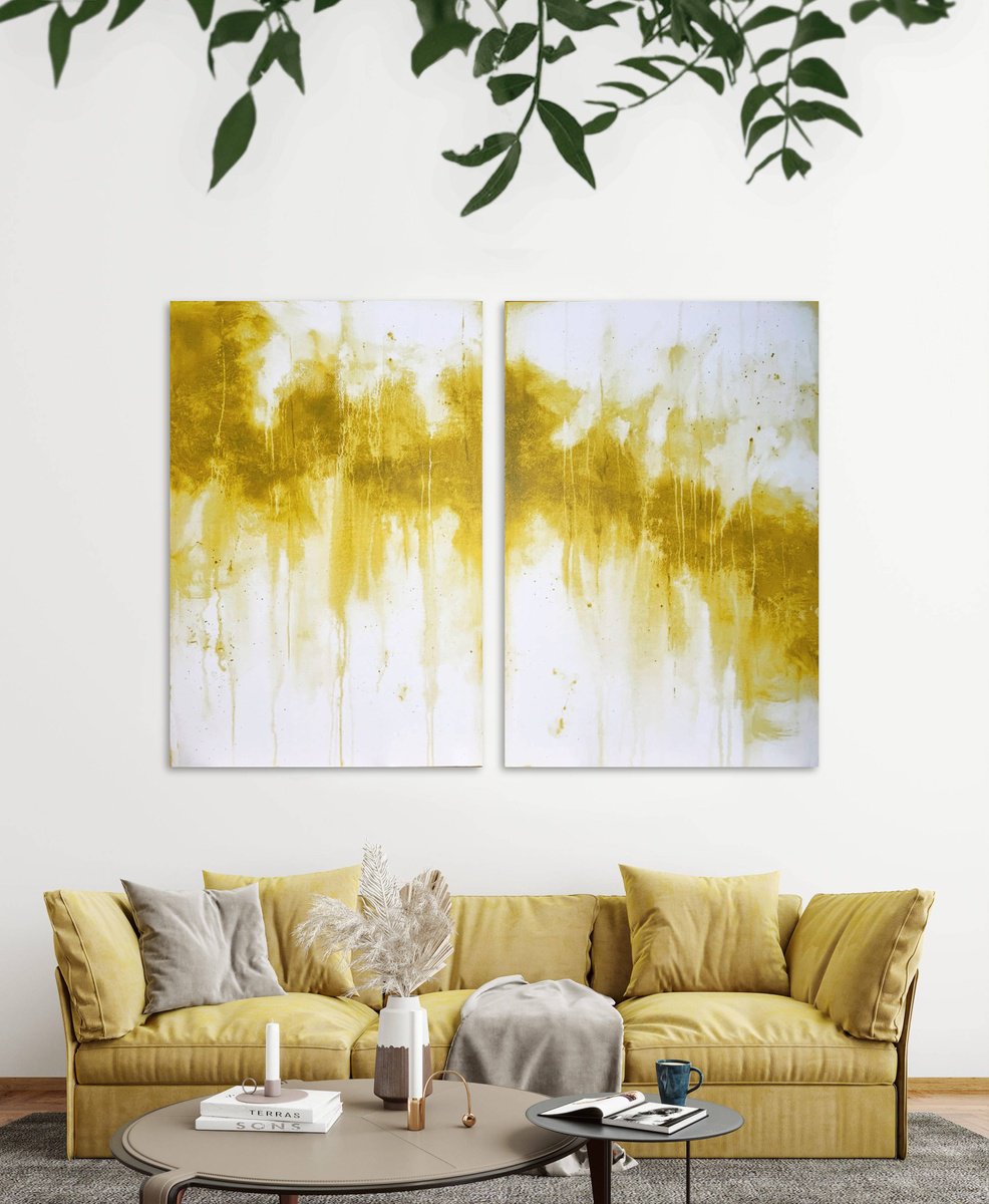 Abstract Yellow Ochre Oversize Large Diptych I by Carol Wood