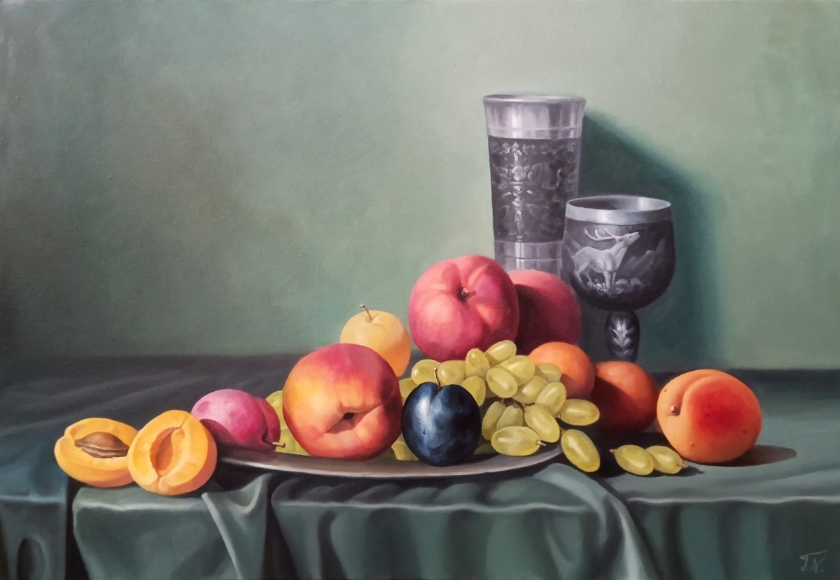 Photorealistic Still Life Oil Painting By Tamar Nazaryan, 24 X 16", Still Life With Fruits-1, Original Artwork