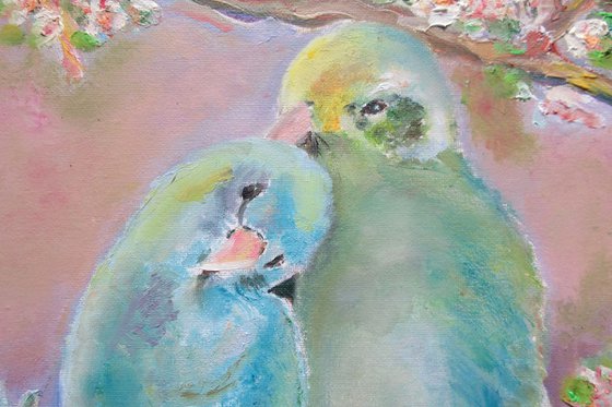 What do you know about love?!Bird Original Parrots Pets in Love Romantic Impressionism Forest life Violet and Blue Oil Painting Small 12x12 in. (30x30 cm)