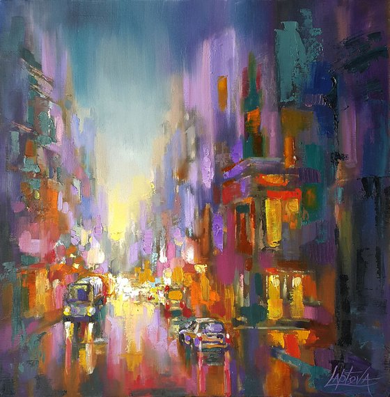 Painting Cityscape - Evening city, megapolis, evening lights, original oil art