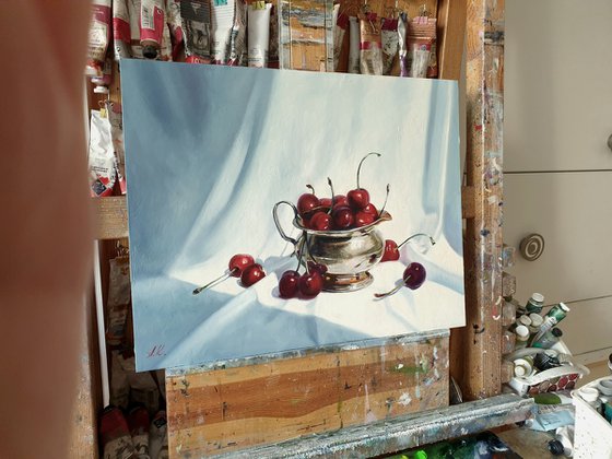 "Cherry flavor. "  still life summer plant cherries red  liGHt original painting  GIFT (2021))