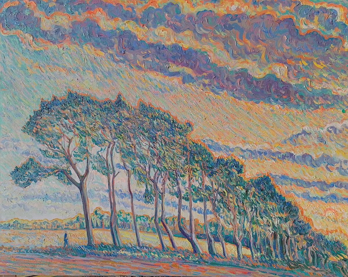 Impressionistic Landscape Oil Painting By Nigel Dickerson, 36 X 28", Sunset, Twisted Pine Trees, Cockley Cley, Original Artwork