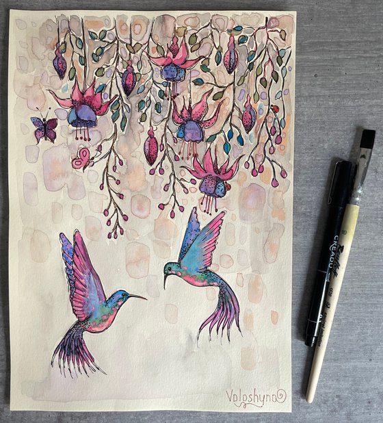 Birds under the flowers