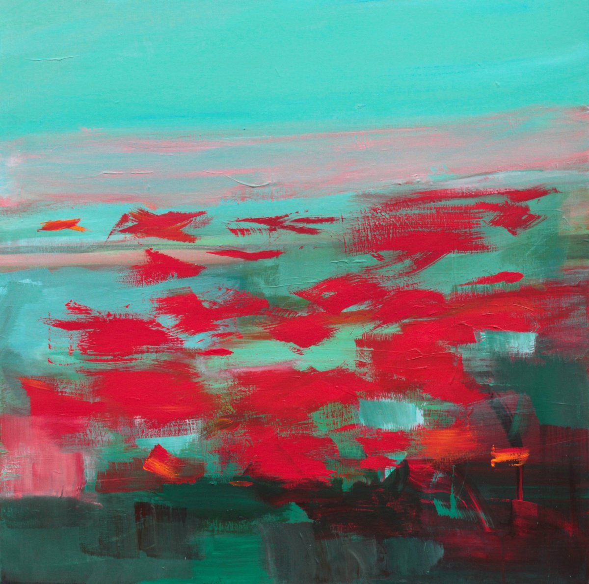 Abstract Botanical Acrylic Painting By Ute Laum, 31 X 31", Fields Of Red, Original Artwork