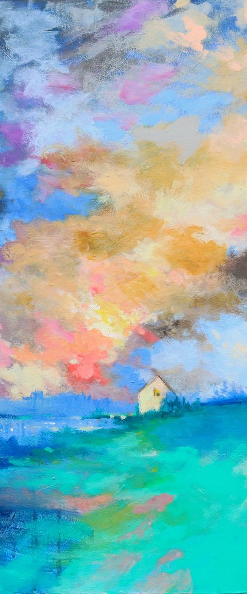 Be Home By Morning 36x36" Colorful Abstract Landscape Painting with Farmhouse Original by Kerri McCabe