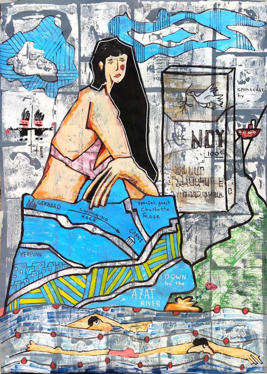 Urban And Pop Portrait Acrylic Painting By Gurgen Arutunyan, 20 X 28, Down By The Azat River, Original Artwork