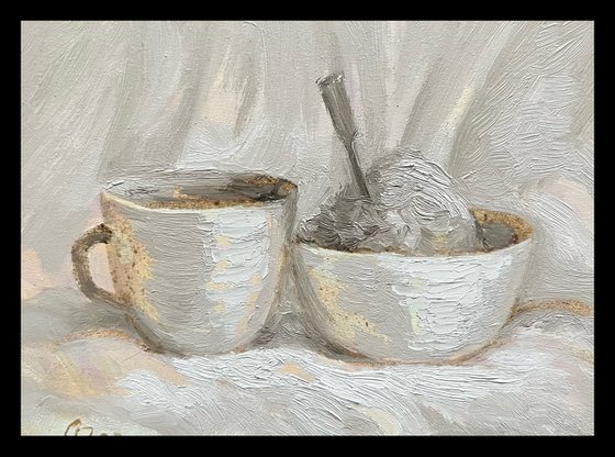 Ukrainian breakfast with a cup of coffee original oil painting