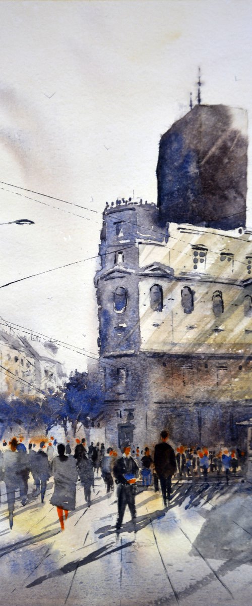 Belgrades hurry hour near London crossroads by Nenad Kojić watercolorist