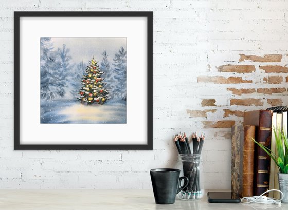 Christmas tree with decorations and garlands in the forest. Original watercolor artwork.