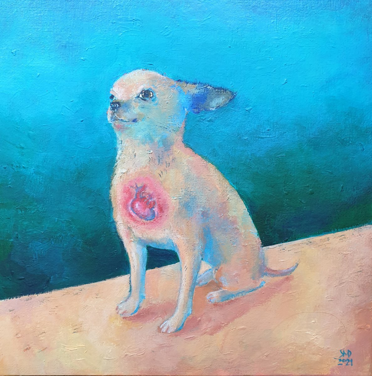 Surrealistic Animal Acrylic Painting By Ksenia June, 12 X 12", Hold My Heart, Original Artwork