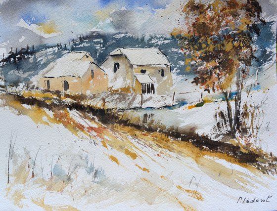 A few houses in winter  watercolour