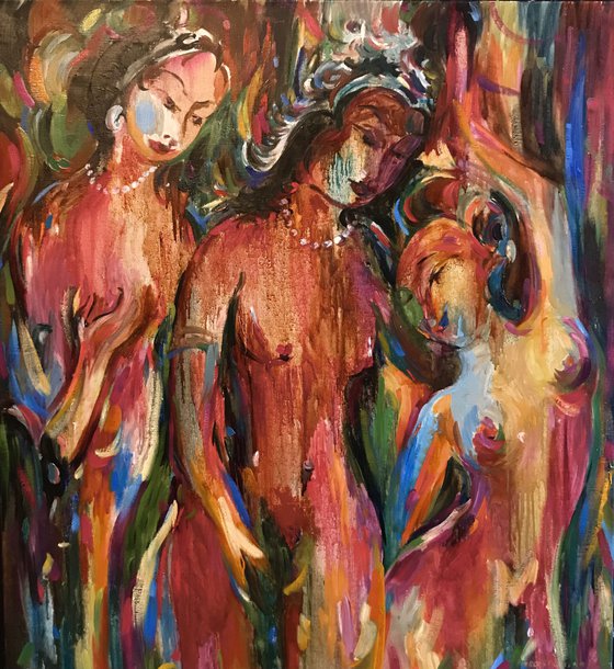 INDIAN TEMPLE. SECRETS - kamasutra theme, original oil painting, nude erotic art