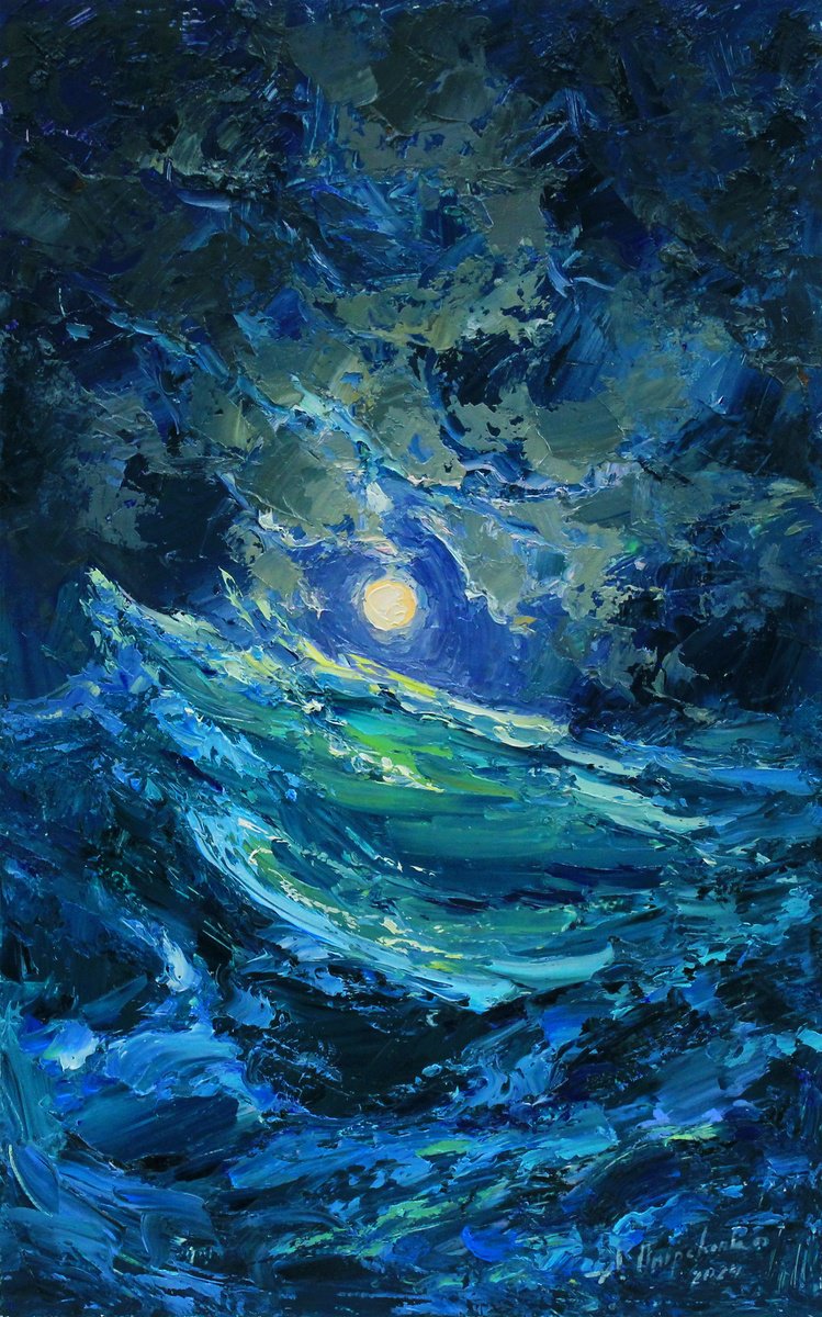 Impressionistic Landscape Oil Painting By Alisa Onipchenko-Cherniakovska, 10 X 16, Moon Night At The Sea, Original Artwork