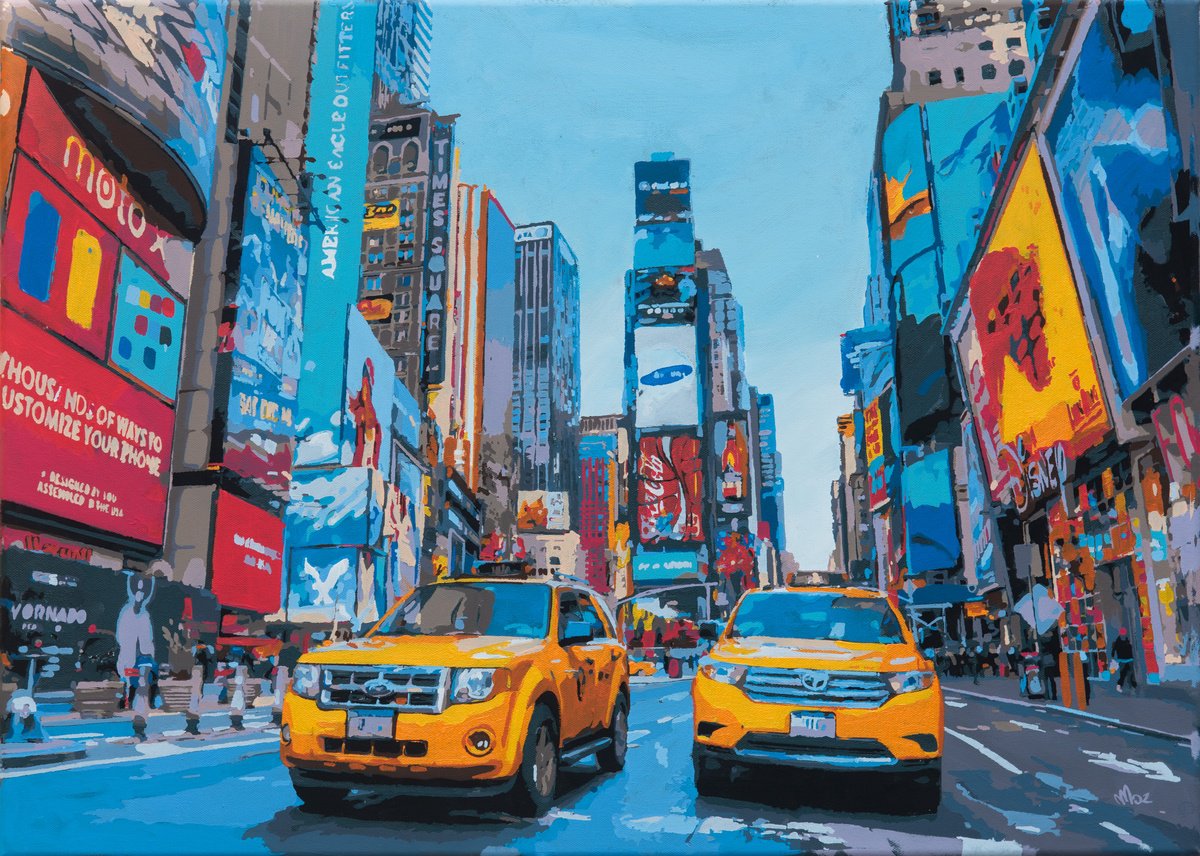 Photorealistic Cityscapes Acrylic Painting By Marco Barberio, 28 X 20", Broadway 2024, Original Artwork