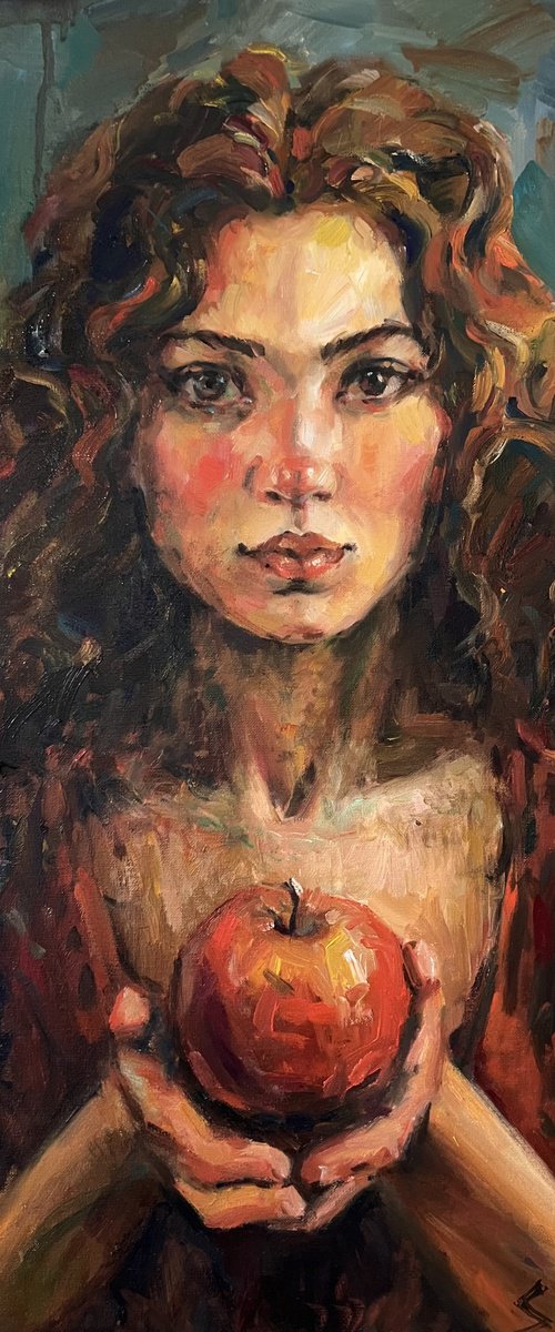 Girl with red apple by Liubou Sas