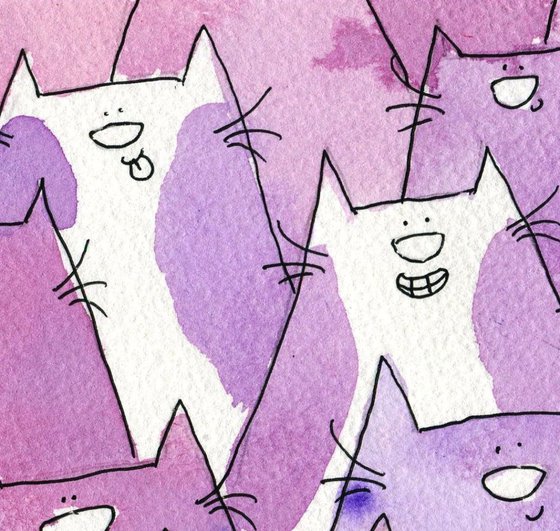 Cat School Photo, original cartoon artwork, purple