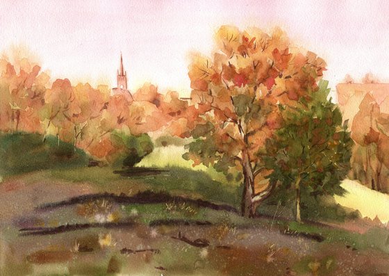 Ukrainian watercolor. Autumn landscape
