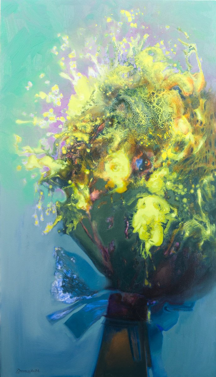 Organic Botanical Painting By Mykola Dzhychka, 31 X 55", The Joyfull Glow, Original Artwork