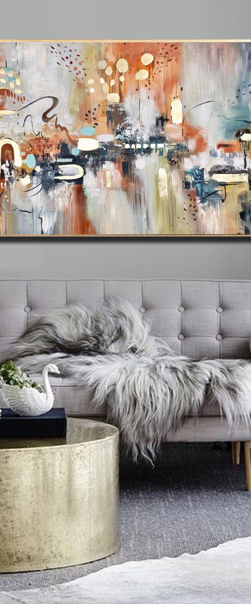 Spicy Autumn - Abstract Painting 60" x 30" Large Abstract Gold Leaf Soft Colors White Gray Painting by Lana Guise