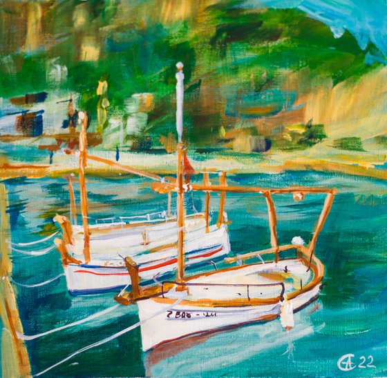 Seaside town in Catalunya. Sunny small landscape with boats. Original acrylic painting spain blue gift