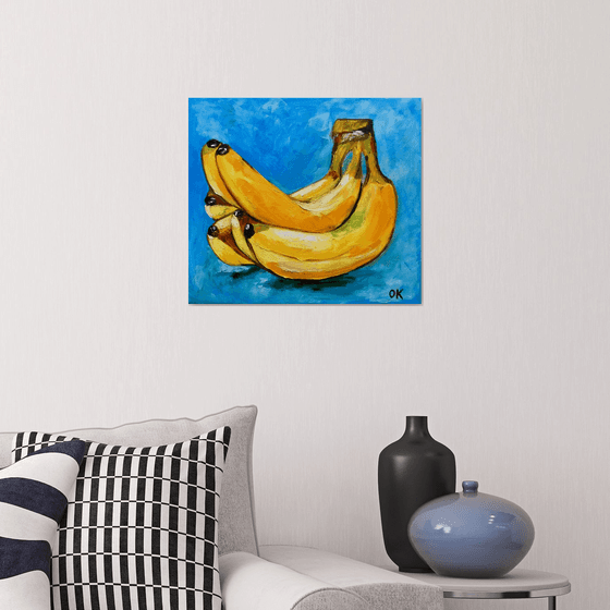 Bananas on  turquoise  Still life. Palette knife painting on linen canvas