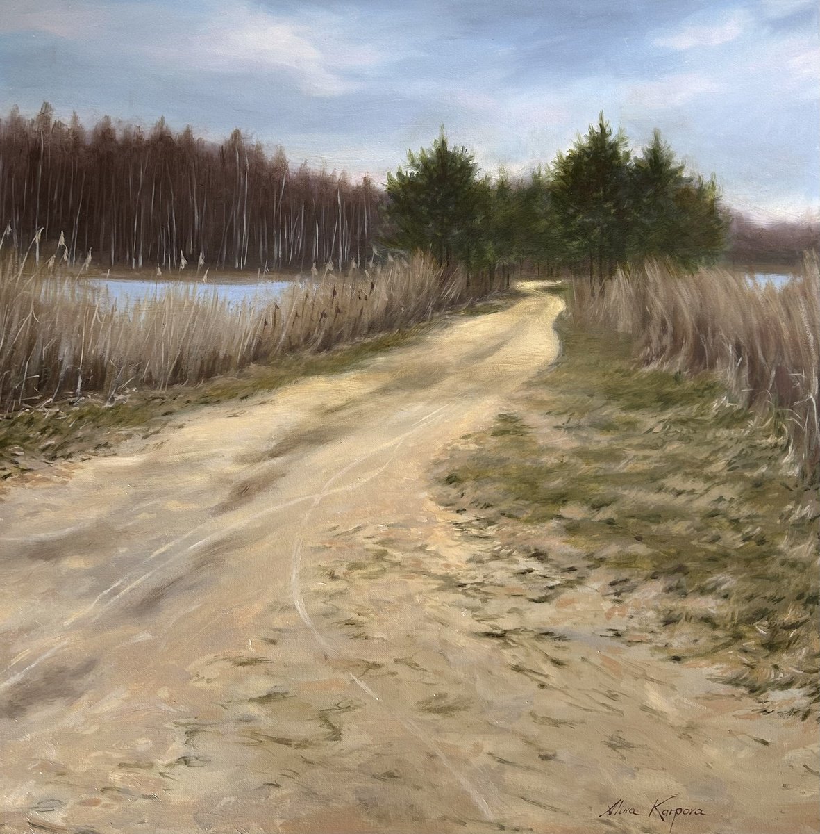 Photorealistic Landscape Oil Painting By Alina Karpova, 20 X 20, Sandy Trail, Original Artwork