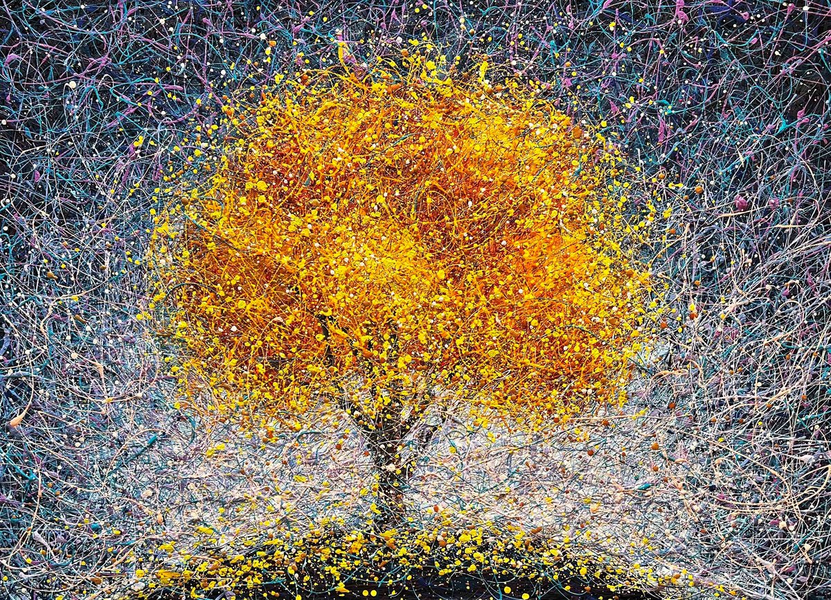 Large tree abstract painting Sun Autumn modern art Yellow orange three abstraction by Nadins ART