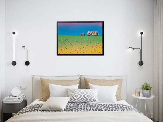 "Alchemist of the Land (Yellow)" - Abstract / Impressionist Landscape meadow painted with spray paint in a pop art / banksy graffiti style with gold paint and vibrant colours.