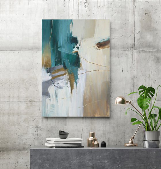 "Melody 3" Teal gray white abstract art