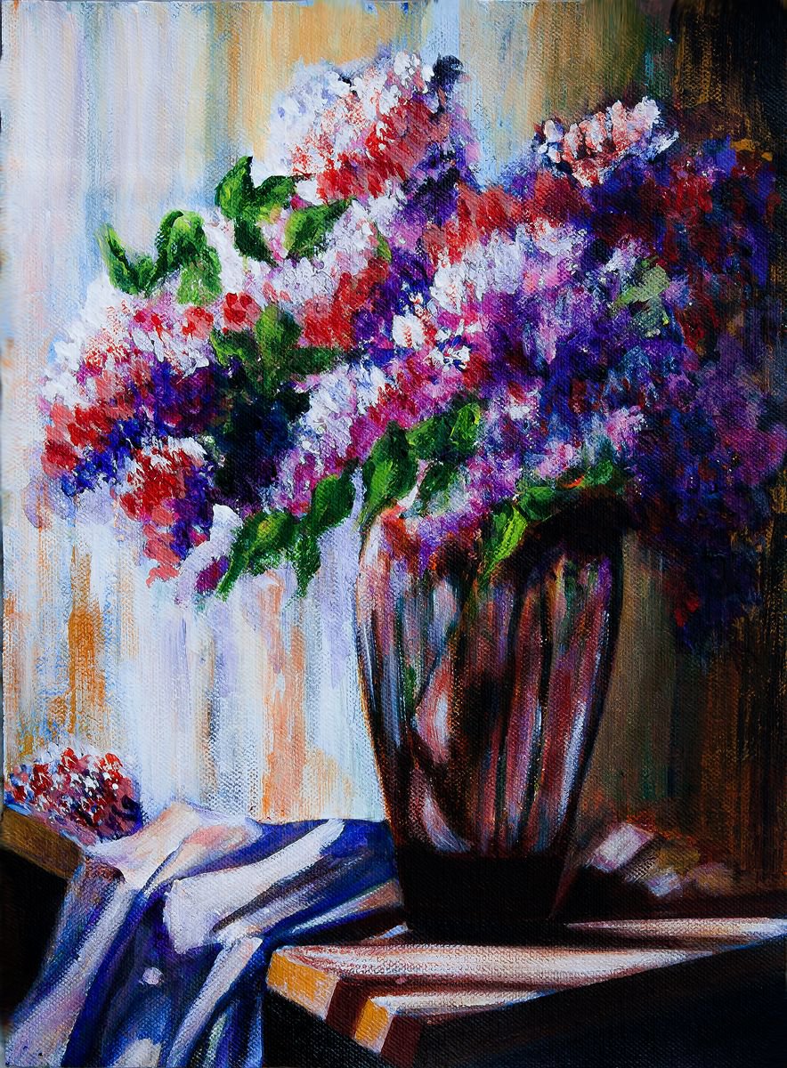 Lilac Vase and Violet Satin , Still Life by Kashika