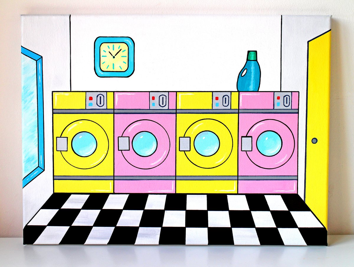 Urban And Pop Cityscapes Acrylic Painting By Ian Viggars, 16 X 12, Retro Launderette Interior, Original Artwork