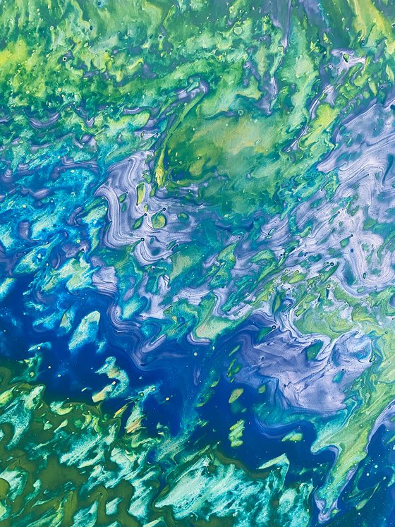 "Atomic Ripple" - Original Abstract PMS Fluid Acrylic Painting on a Recycled Desk Panel - 30 x 18 inches