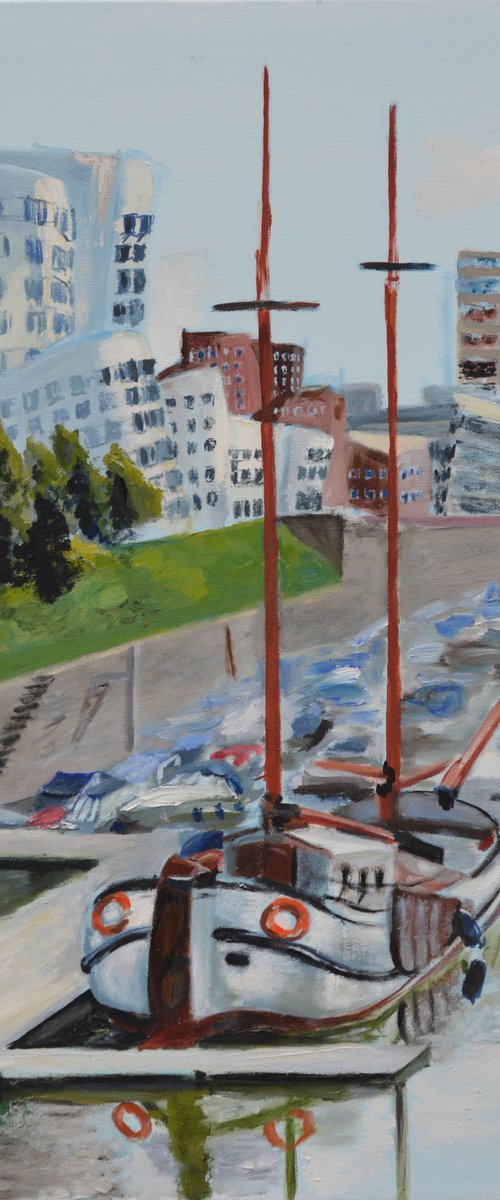 Marina Düsseldorf, Germany, Voorwaarts ship, View of famous Gehry buildings oil painting by Anna Brazhnikova