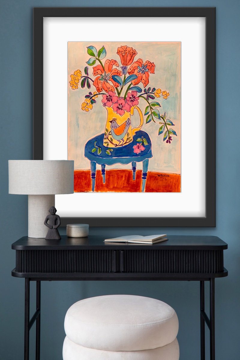 Naive Painting , Blue Table By Holly Wojahn, 9 X 12, Artwork For Sale On Artfinder