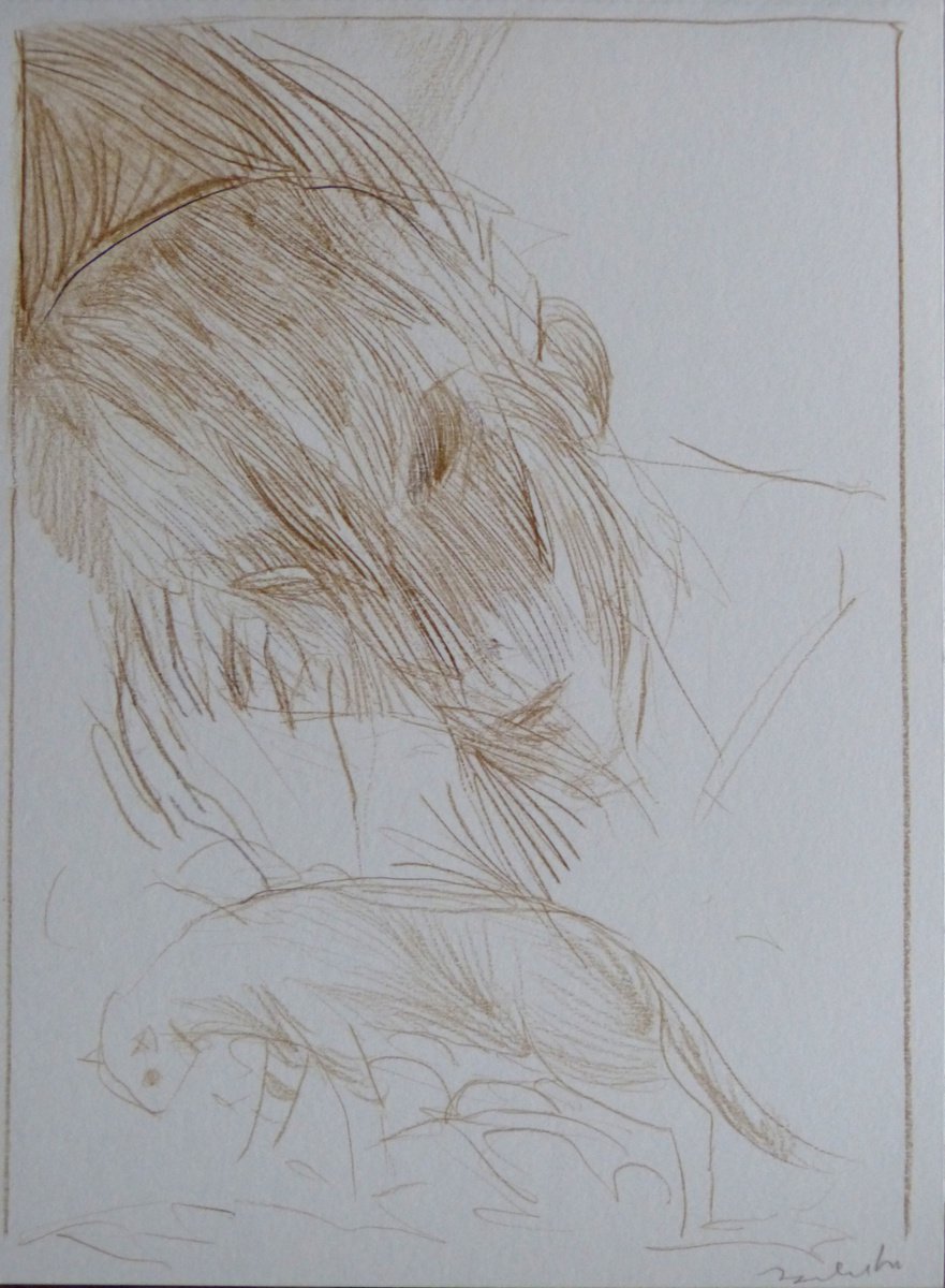 Expressive Animal Pencil Drawing By Frederic Belaubre, 8 X 11, Girl With A Cat Bc3, Original Artwork