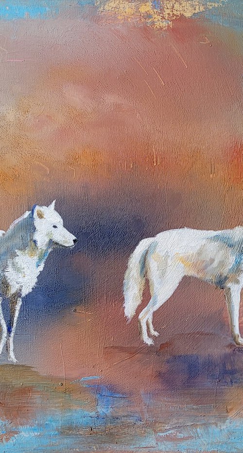 Two wolves in the sunset by Lisa Braun