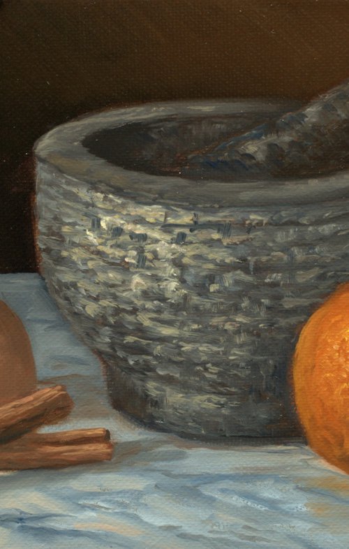 Pestle and mortar, orange, cinnamon and egg shell - still life by Christopher Vidal