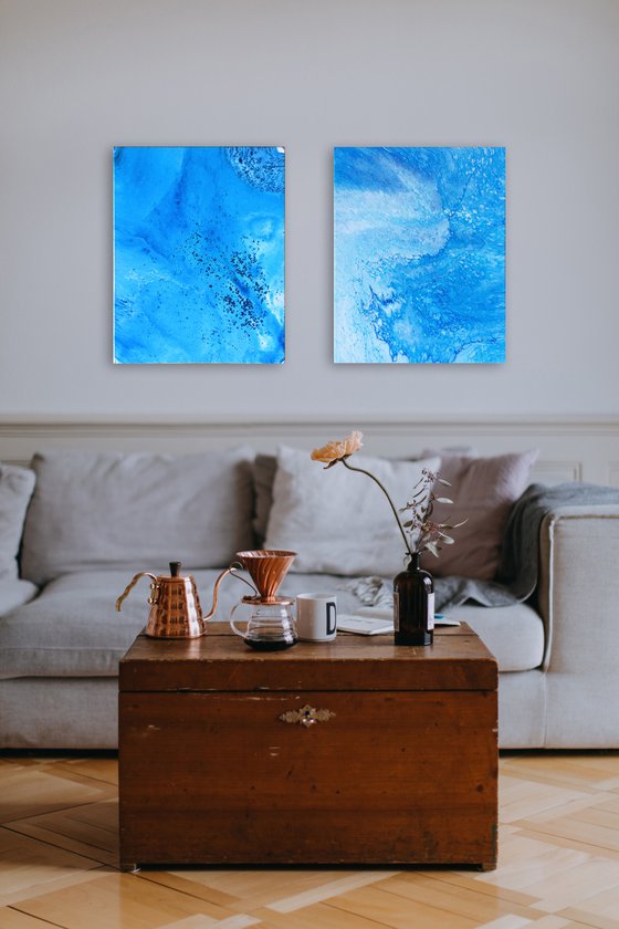 "My Blue Heaven" - FREE USA SHIPPING - Original PMS Abstract Diptych Fluid Acrylic Paintings On Canvas - 32" x 20"