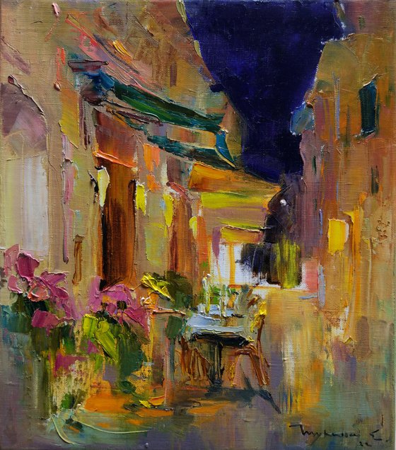 Evening restaurant Streets of Rome Italian series.  Original plein air oil painting .