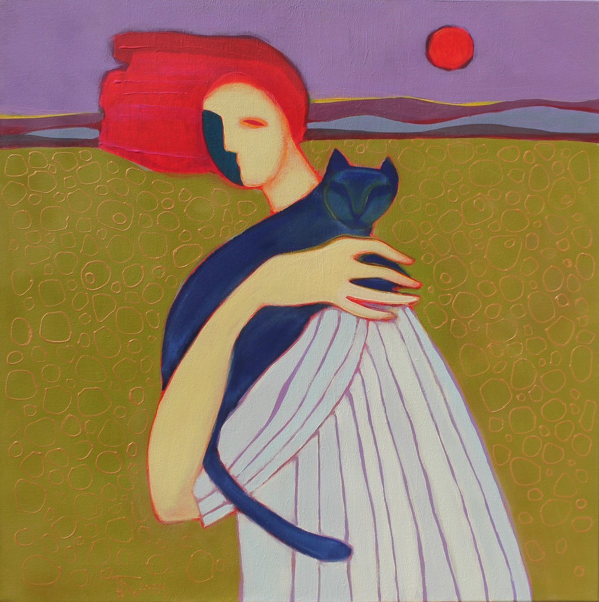 Expressive Portrait Acrylic Painting By Tatjana Auschew, 31 X 31", A Walk At Sunset., Original Artwork