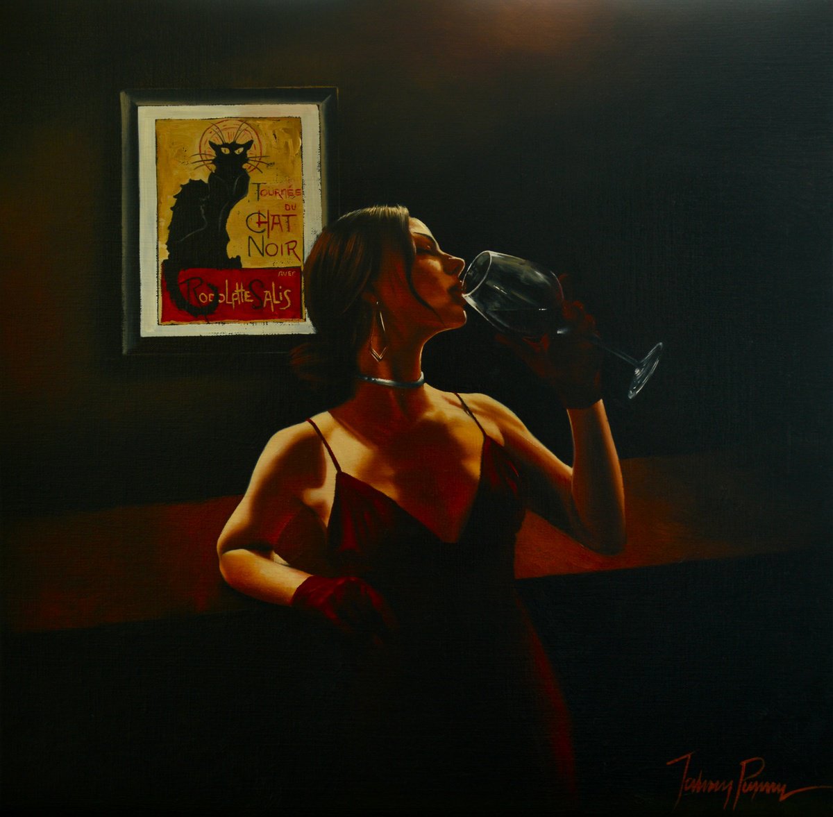 Urban And Pop Portrait Oil Painting By Johnny Popkess, 20 X 20, Le Chat Noir, Original Artwork