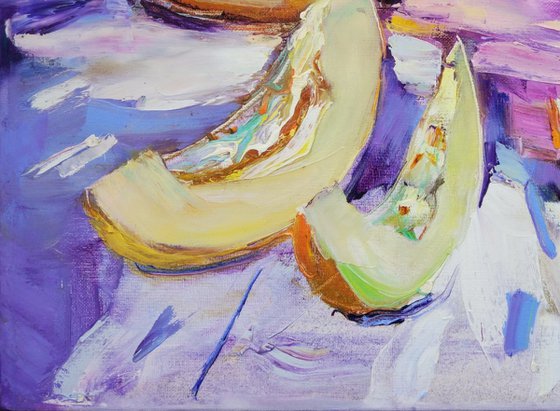 Melons on violet . Summer Still Life . Original Oil Painting