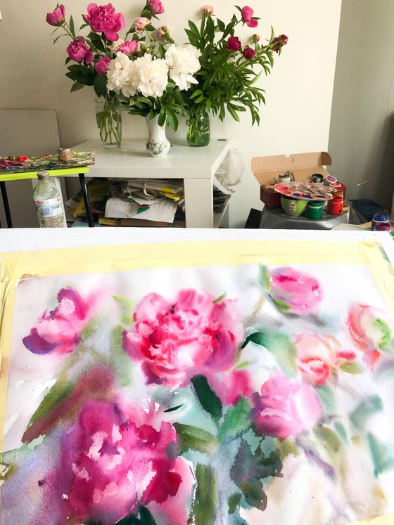 Peonies water color painting