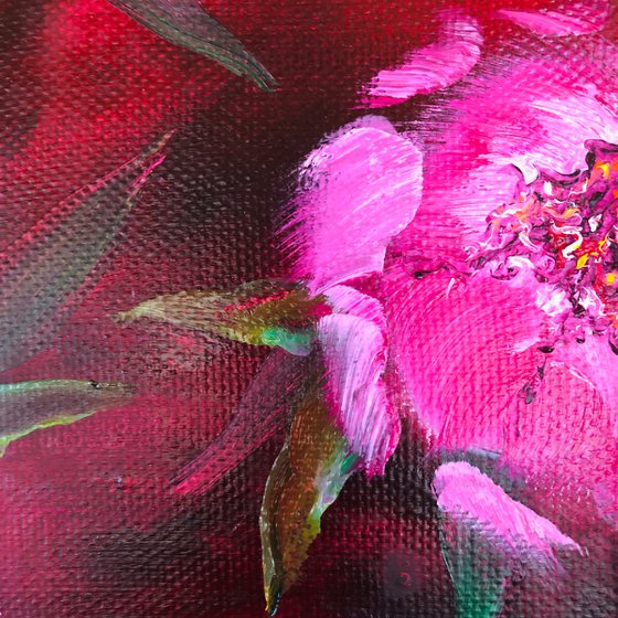 ROMANTIC TWILIGHT - Set. Oil diptych of Pink peonies on a dark background. Two paintings with peonies. Double panel with peonies on the wall.