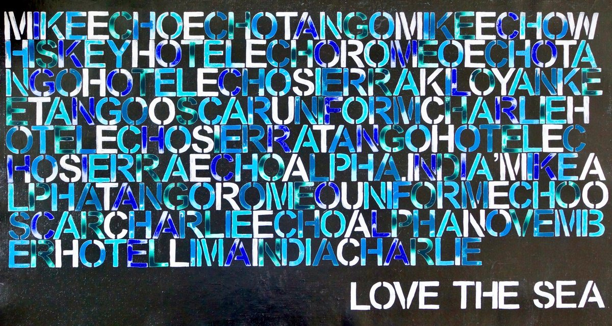 Typographic Abstract Acrylic Painting By Anita Kaufmann, 59 X 31, Love The Sea No. 5222, Original Artwork